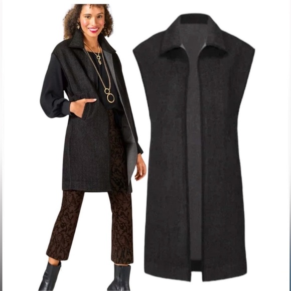 CAbi Womens Gray Black Novel Open Front Vest Long Duster Size M/L Herringbone - Picture 1 of 9